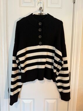 Women's Black & White Striped Button-Neck Sweater